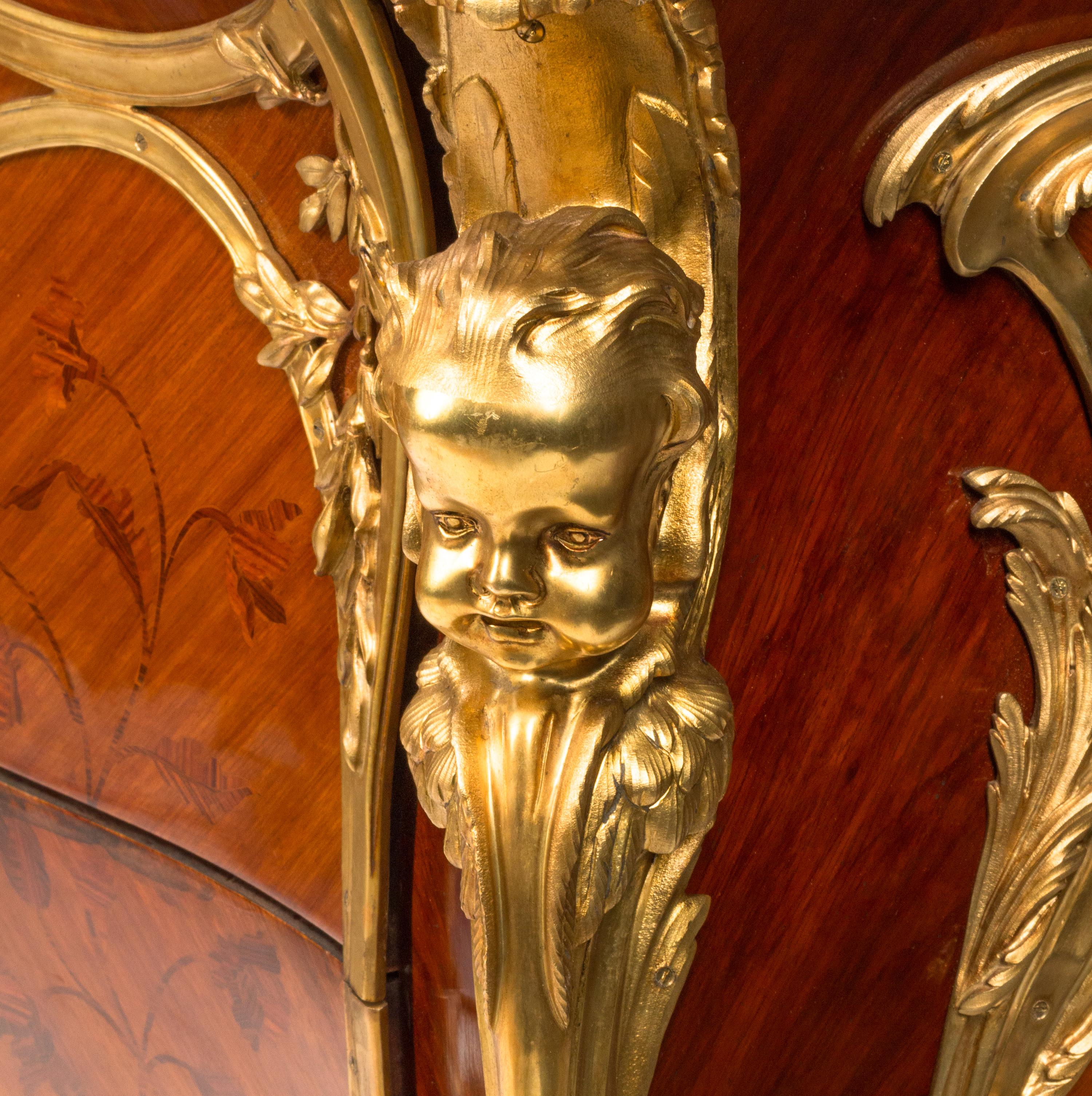 A Pair of Louis XV Style Gilt Bronze Mounted Marquetry Marble-Top Commodes