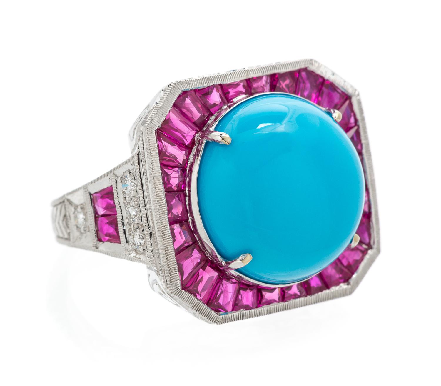An 18 Karat White Gold, Turquoise, Ruby and Diamond Ring, 6.10 dwts.