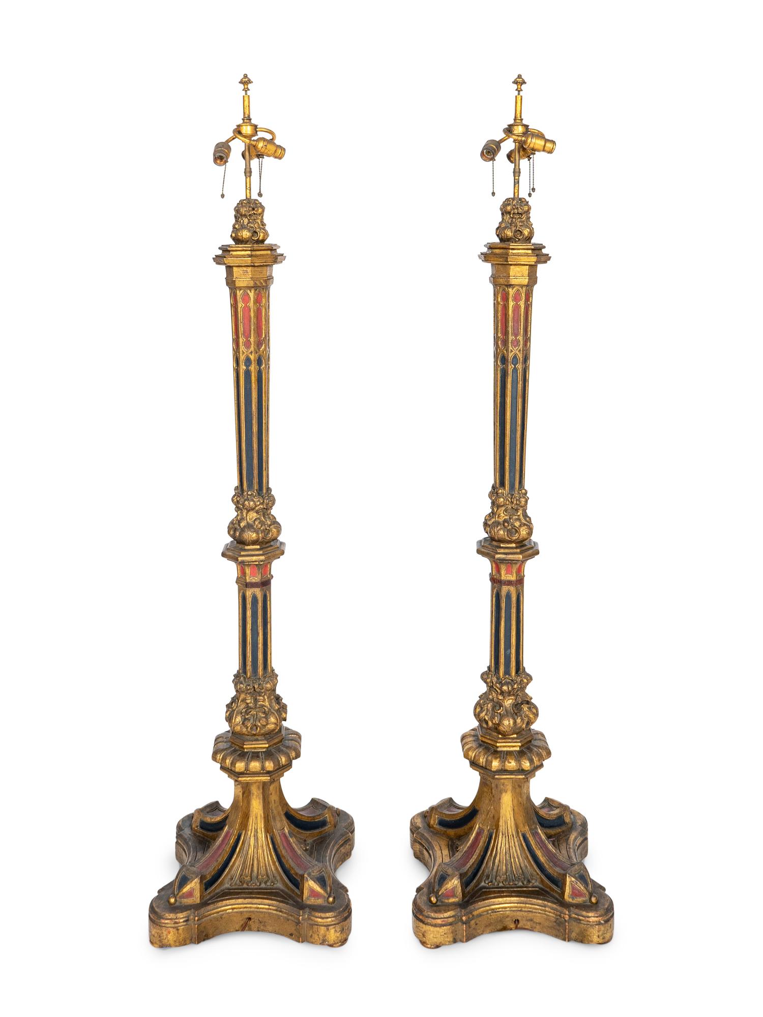 A Pair of Large Gothic Style Giltwood and Polychrome-Painted Floor Lamps