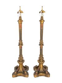 A Pair of Large Gothic Style Giltwood and Polychrome-Painted Floor Lamps