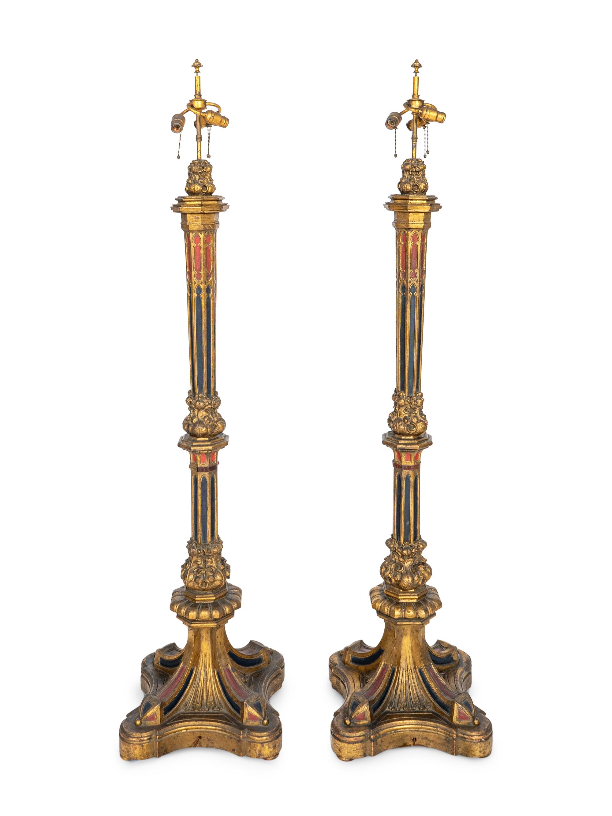 A Pair of Large Gothic Style Giltwood and Polychrome-Painted Floor Lamps
