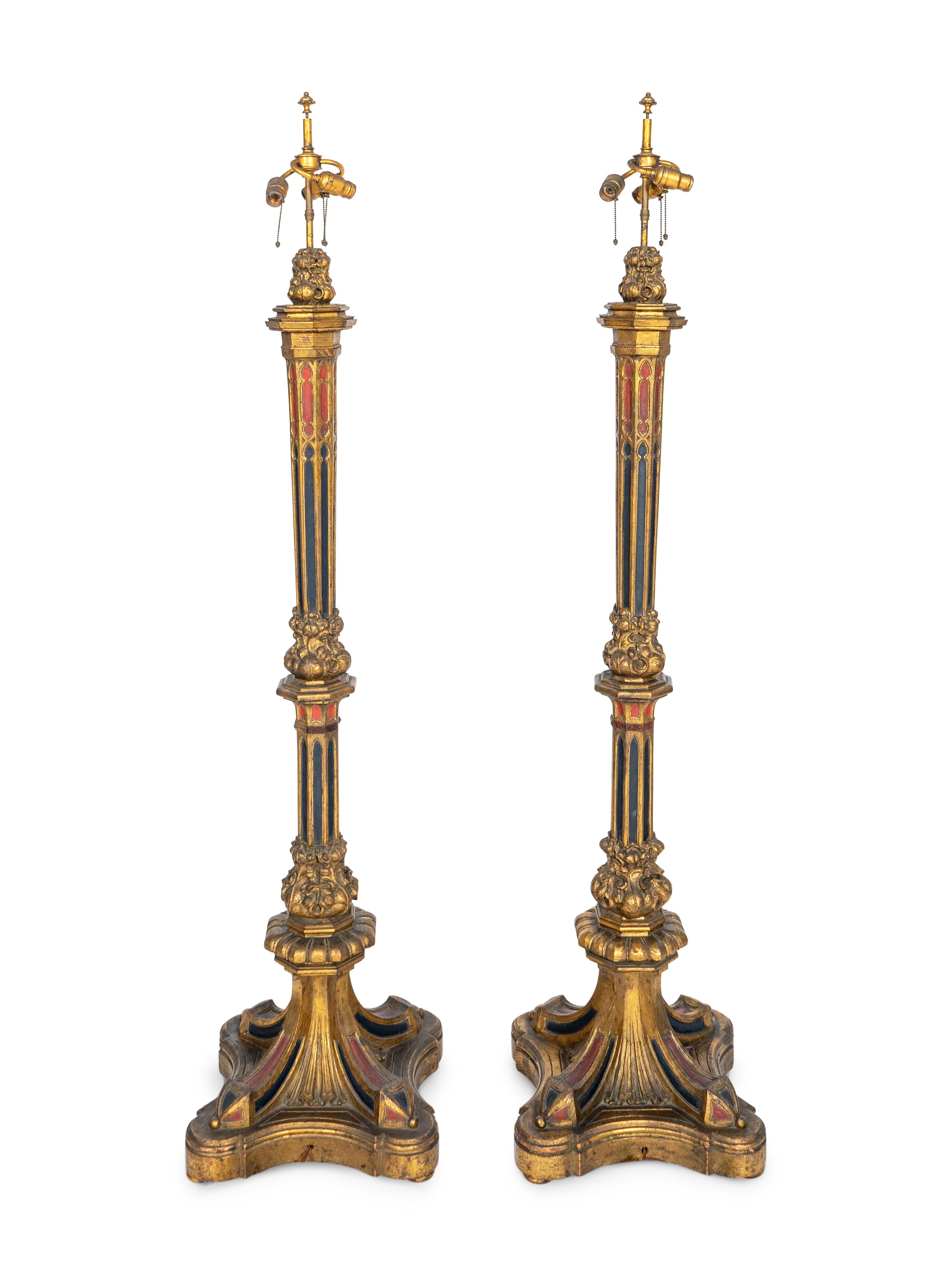A Pair of Large Gothic Style Giltwood and Polychrome-Painted Floor Lamps