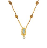 Aquamarine, Sapphire, Cultured Pearl, and Yellow Gold Necklace