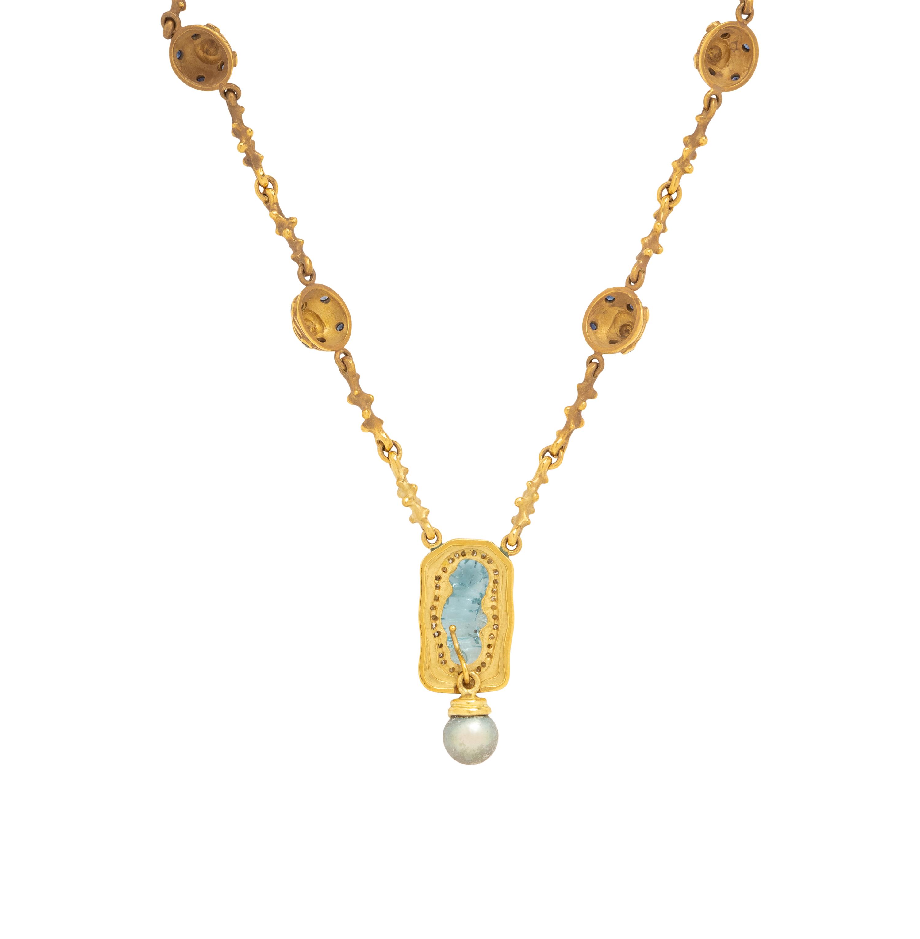Aquamarine, Sapphire, Cultured Pearl, and Yellow Gold Necklace