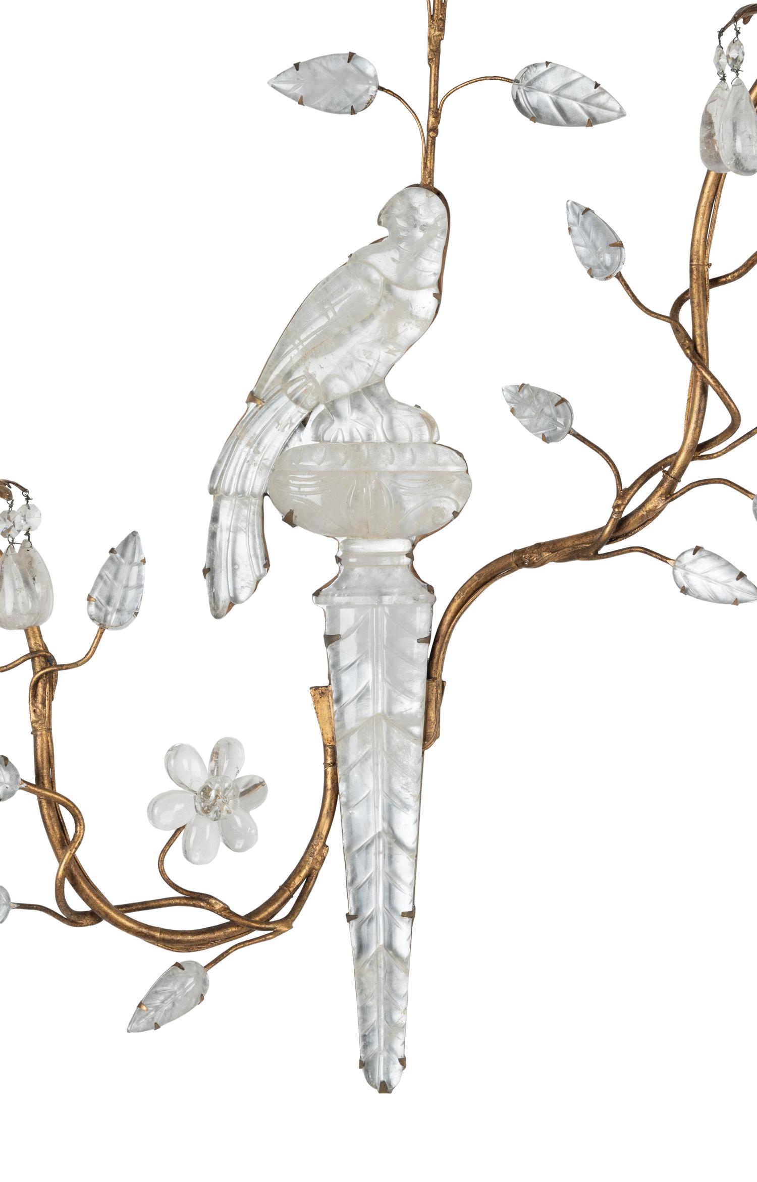 A Pair of Giltwood and Rock Crystal Two-Light Sconces in the Style of Maison Baguès
