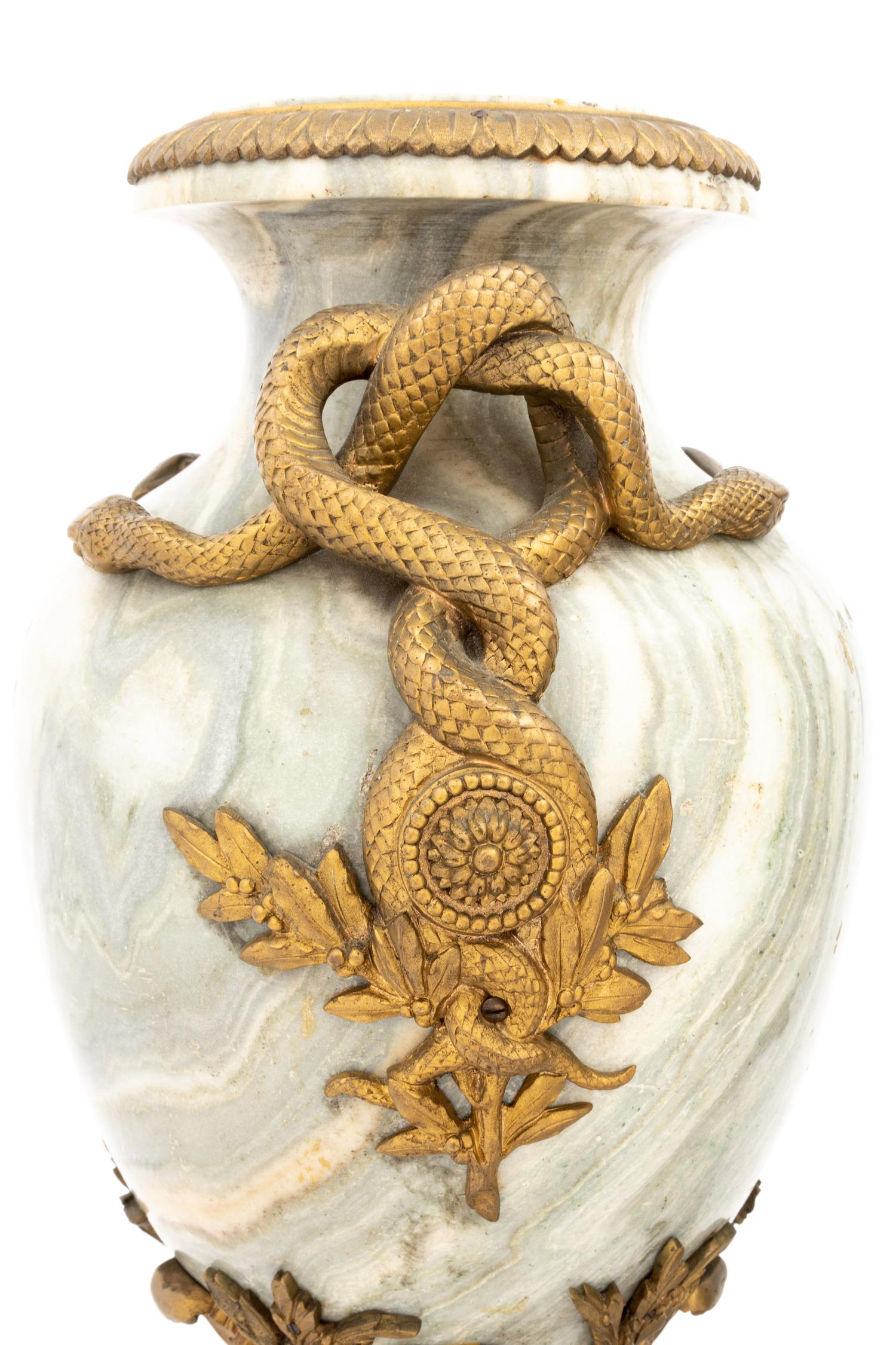 A Pair of French Gilt Bronze-Mounted Marble Urns