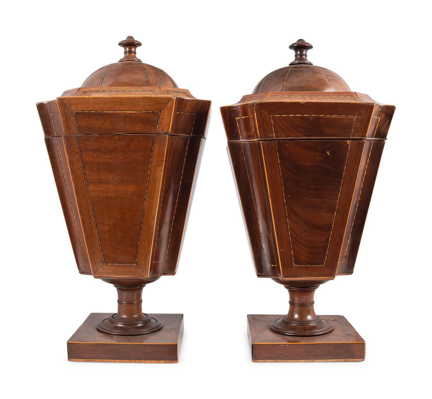 A Pair of Federal Silver-Mounted, Figured and Inlaid Mahogany Urn-Form Knife Boxes