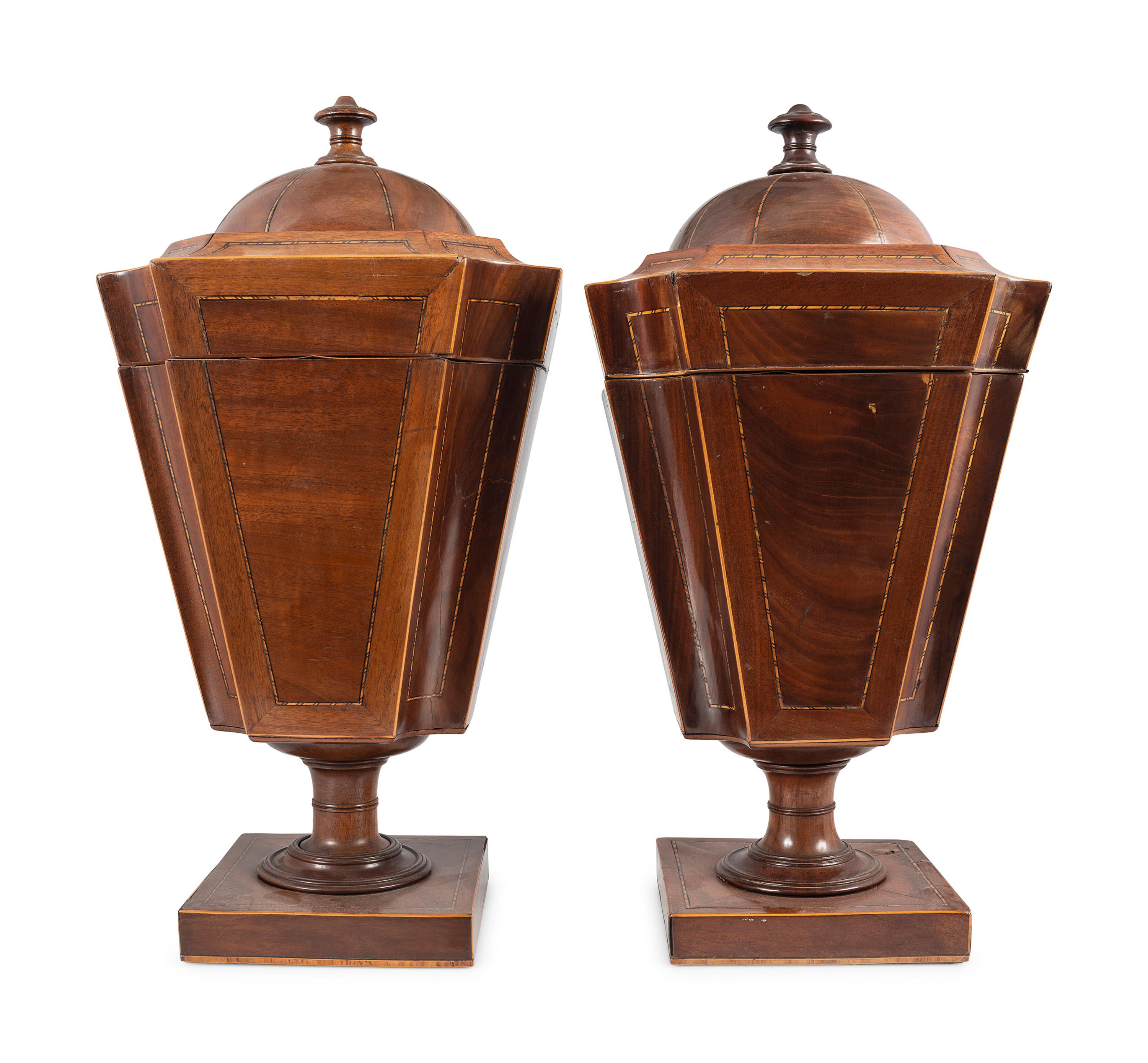 A Pair of Federal Silver-Mounted, Figured and Inlaid Mahogany Urn-Form Knife Boxes