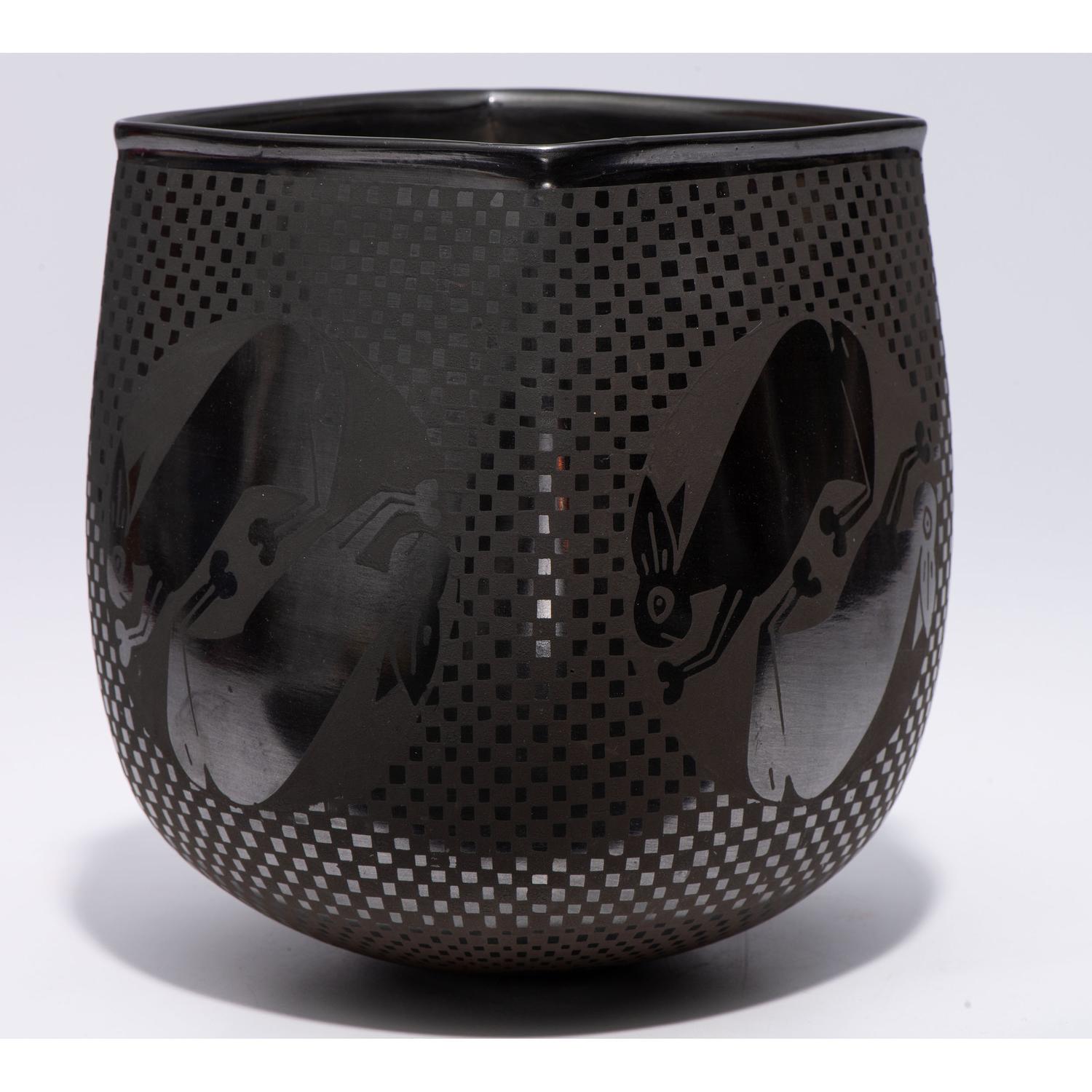 Blackware Pottery Vase, with Rabbits