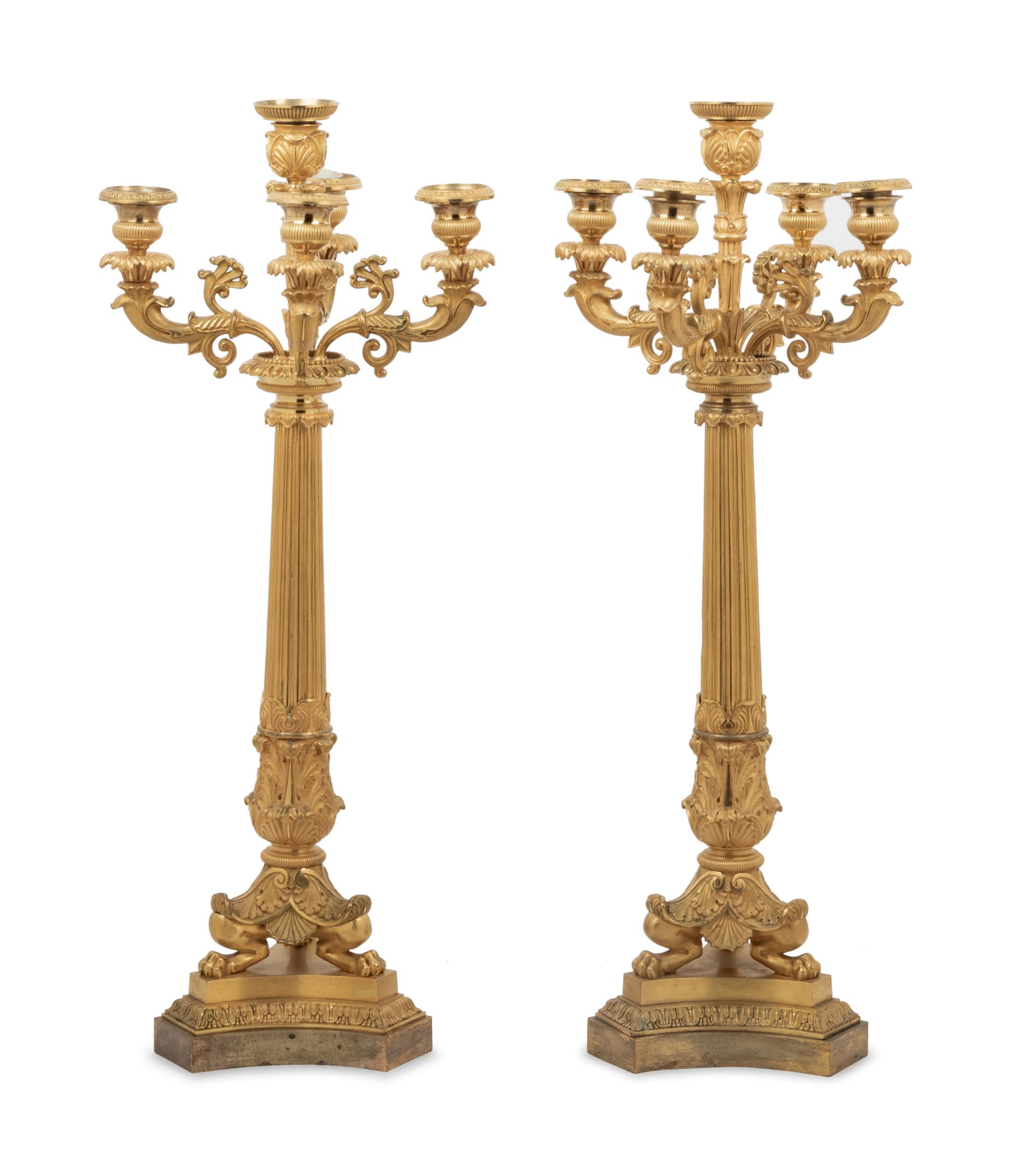 A Pair of Louis Philippe Gilt Bronze Five-Light Candelabra