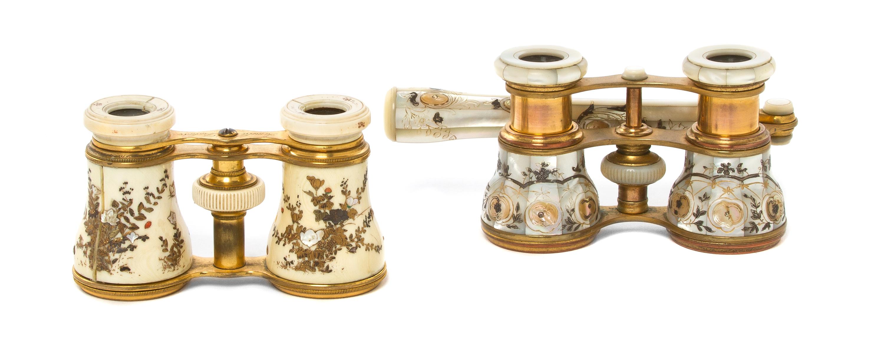 Two Pairs of Continental Opera Glasses, Width of first 4 1/4 inches.