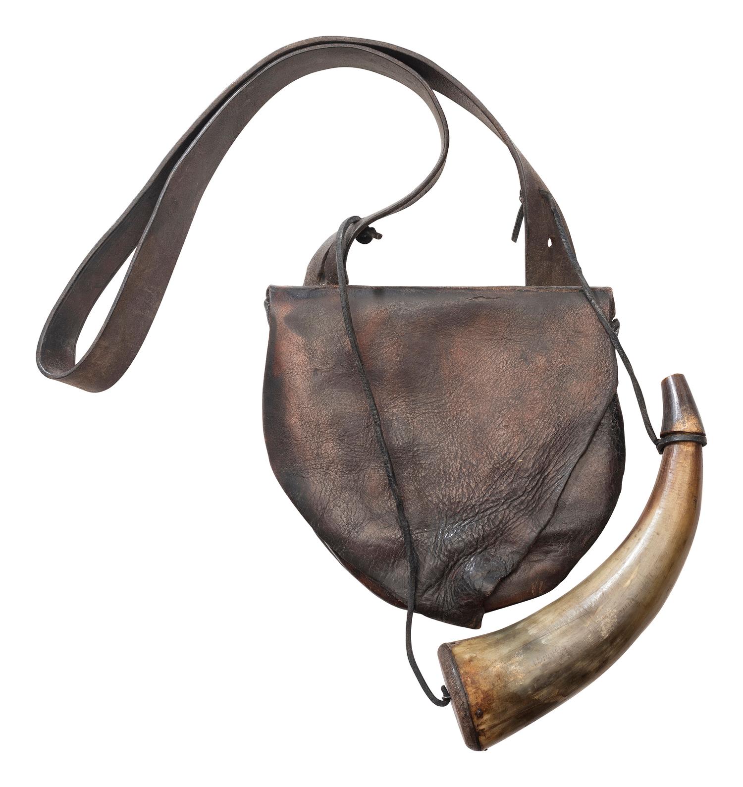 [HUNTING]. A group of 18th-early 19th-century hunting bags and powder horns.