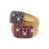 YELLOW GOLD, RUBY, SAPPHIRE AND DIAMOND RING