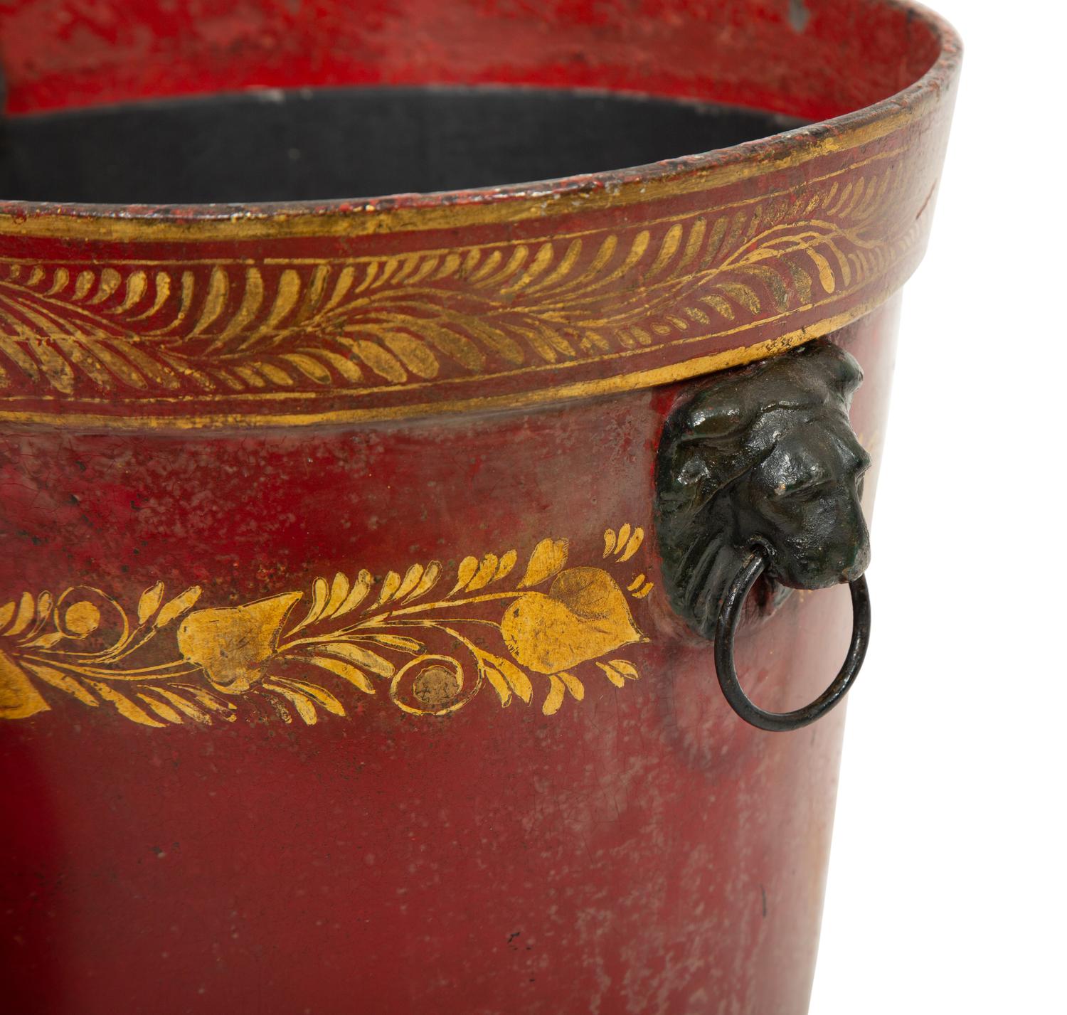 A Pair of French Red and Gilt Tole Peinte Cache Pots