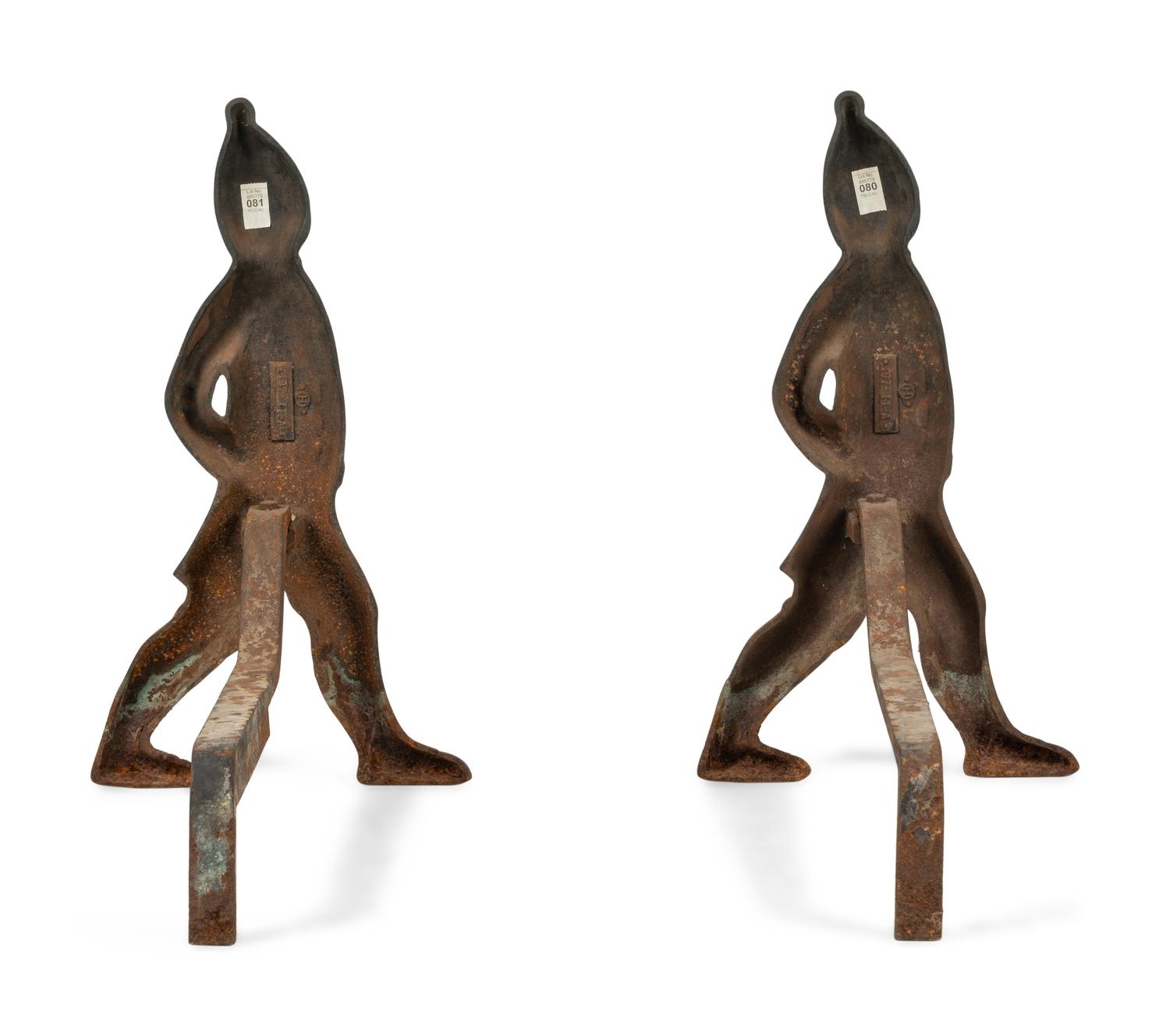 A Pair of Iron Andirons with Hessian Soldiers