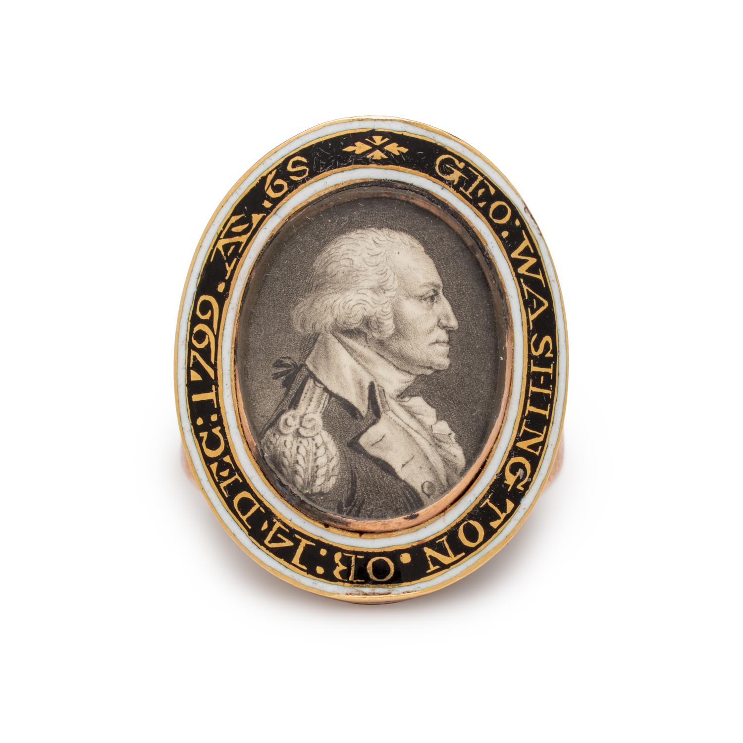 [WASHINGTON, George (1732-1799)]. SAINT-MEMIN, Charles Balthazar Julien Févret de (1770-1852). Gold alloy and enamel mourning ring purportedly bequeathed in Washington's last will and testament. Circa 1800.