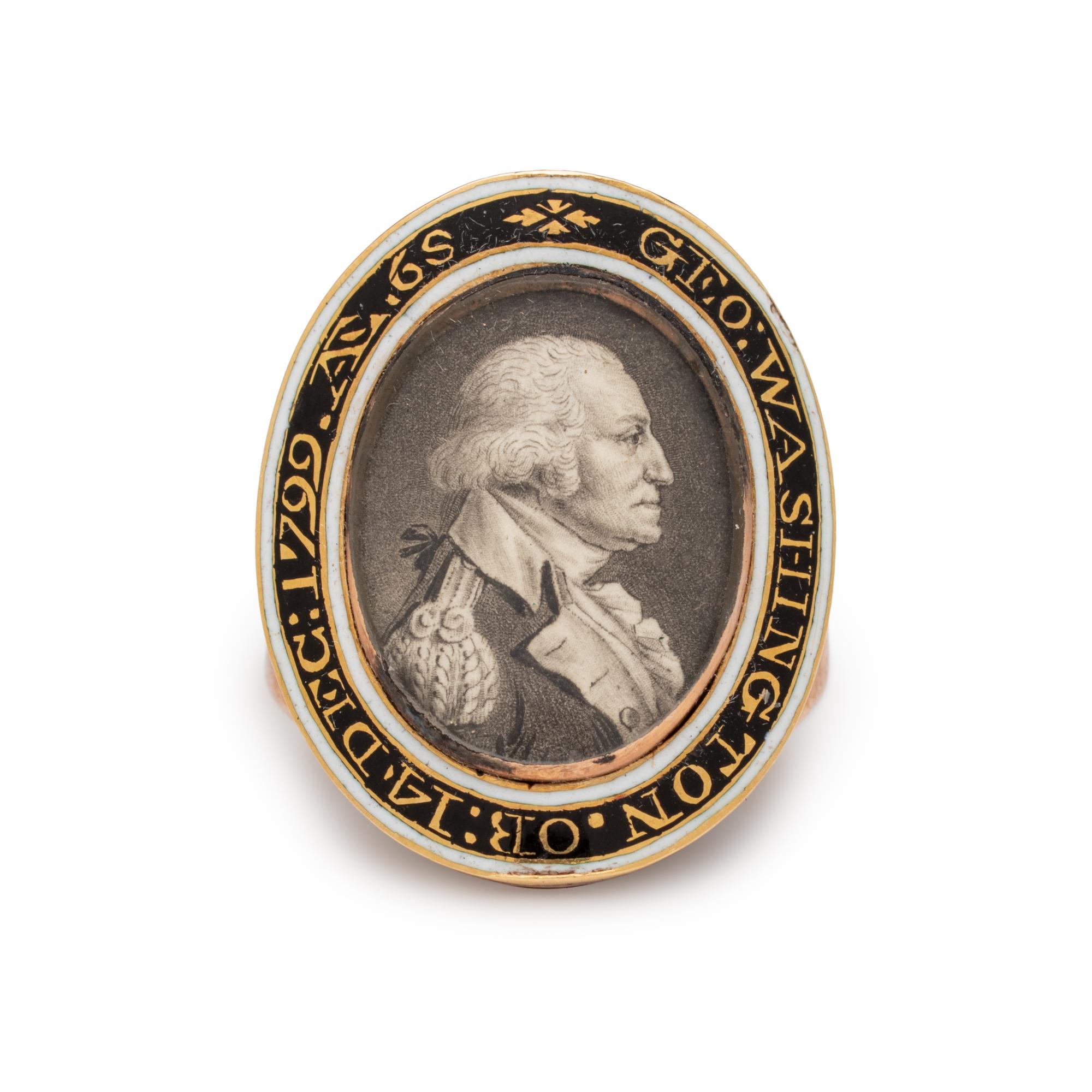 [WASHINGTON, George (1732-1799)]. SAINT-MEMIN, Charles Balthazar Julien Févret de (1770-1852). Gold alloy and enamel mourning ring purportedly bequeathed in Washington's last will and testament. Circa 1800.