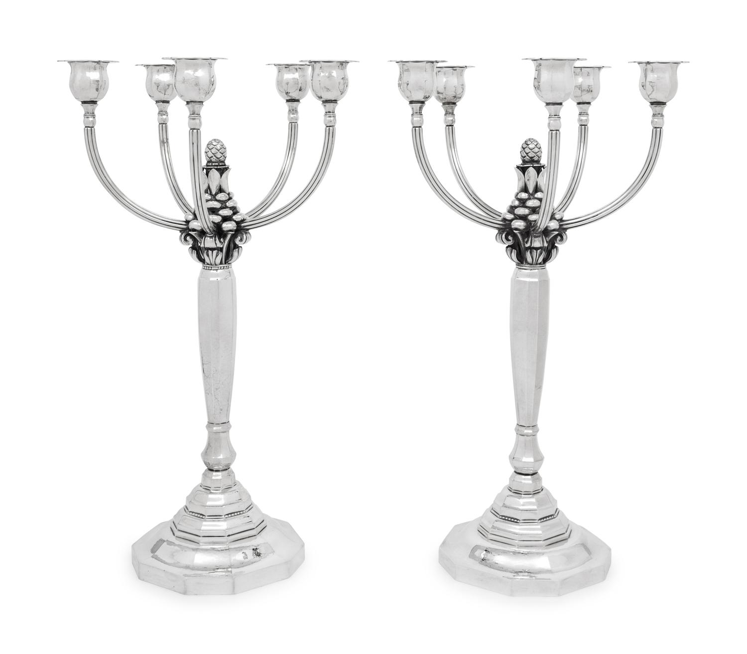 A Pair of Johan Rohde for Georg Jensen Silver Five-Light Candelabra