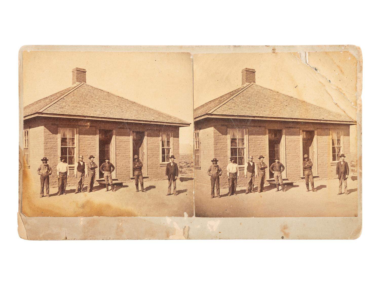 [WESTERN AMERICANA]. BURGE, J.C., photographer. Stereoview of the Office of Agent Wilcox, San Carlos, Arizona Territory.
