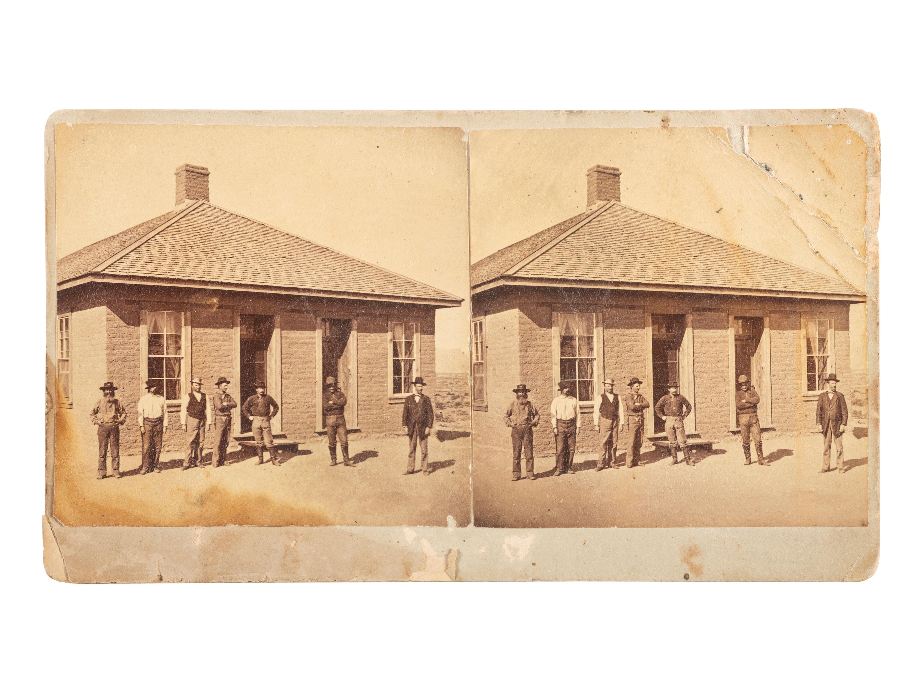 [WESTERN AMERICANA]. BURGE, J.C., photographer. Stereoview of the Office of Agent Wilcox, San Carlos, Arizona Territory.