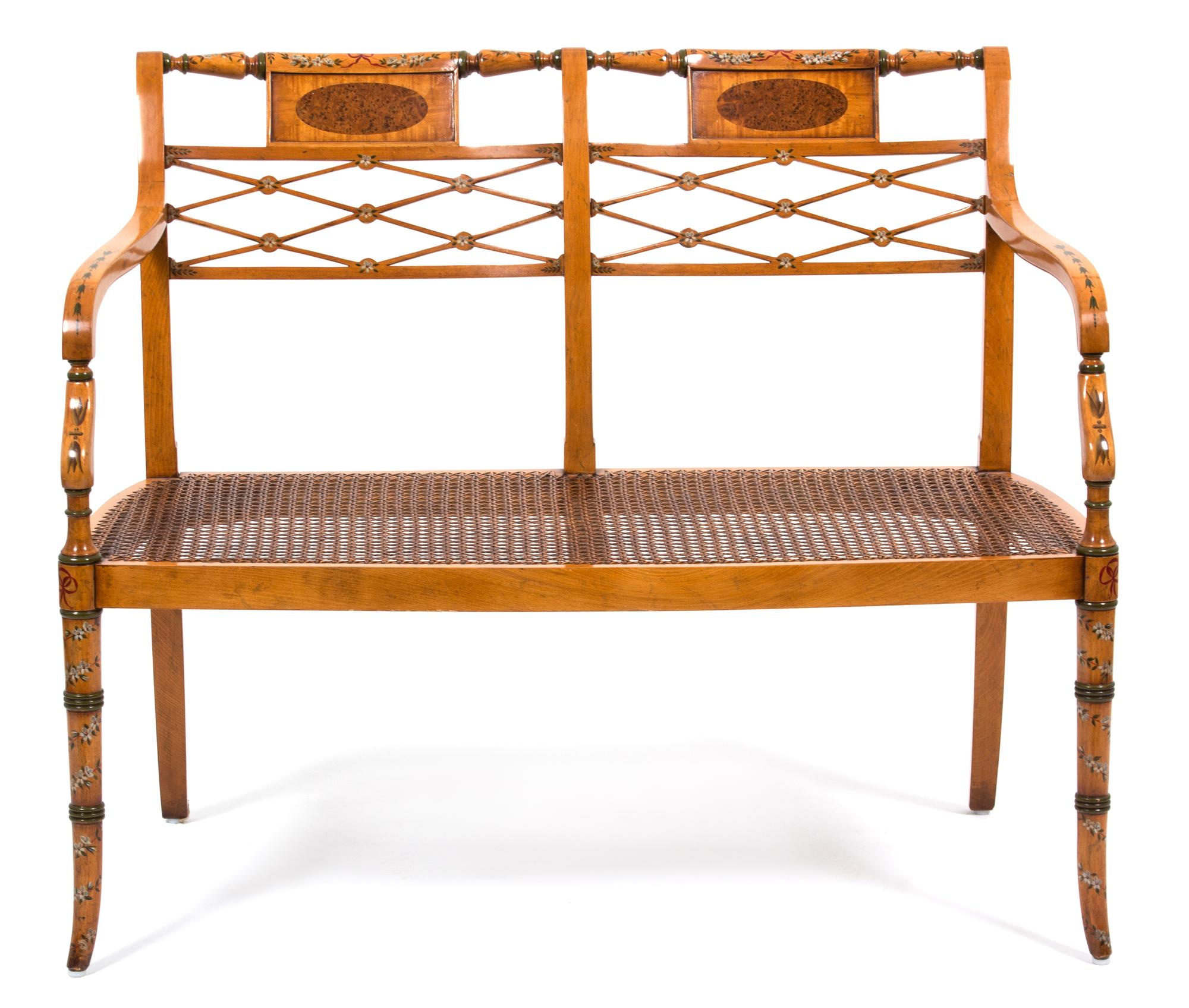 A Regency Style Satinwood Inlaid Settee Height 33 1/3 x width 41 inches. — EARLY 20TH CENTURY
