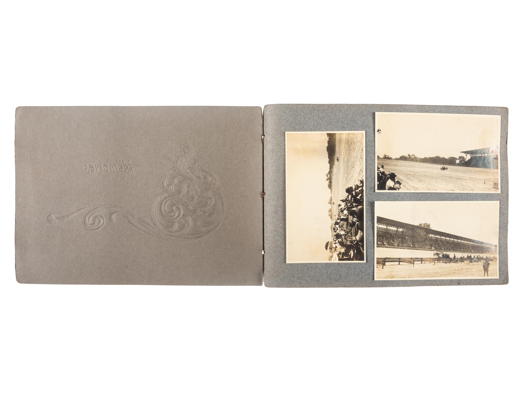 [EARLY PHOTOGRAPHY]. Album containing photographs of an early NASCAR race featuring future World War I Fighting Ace Eddie Rickenbacker.