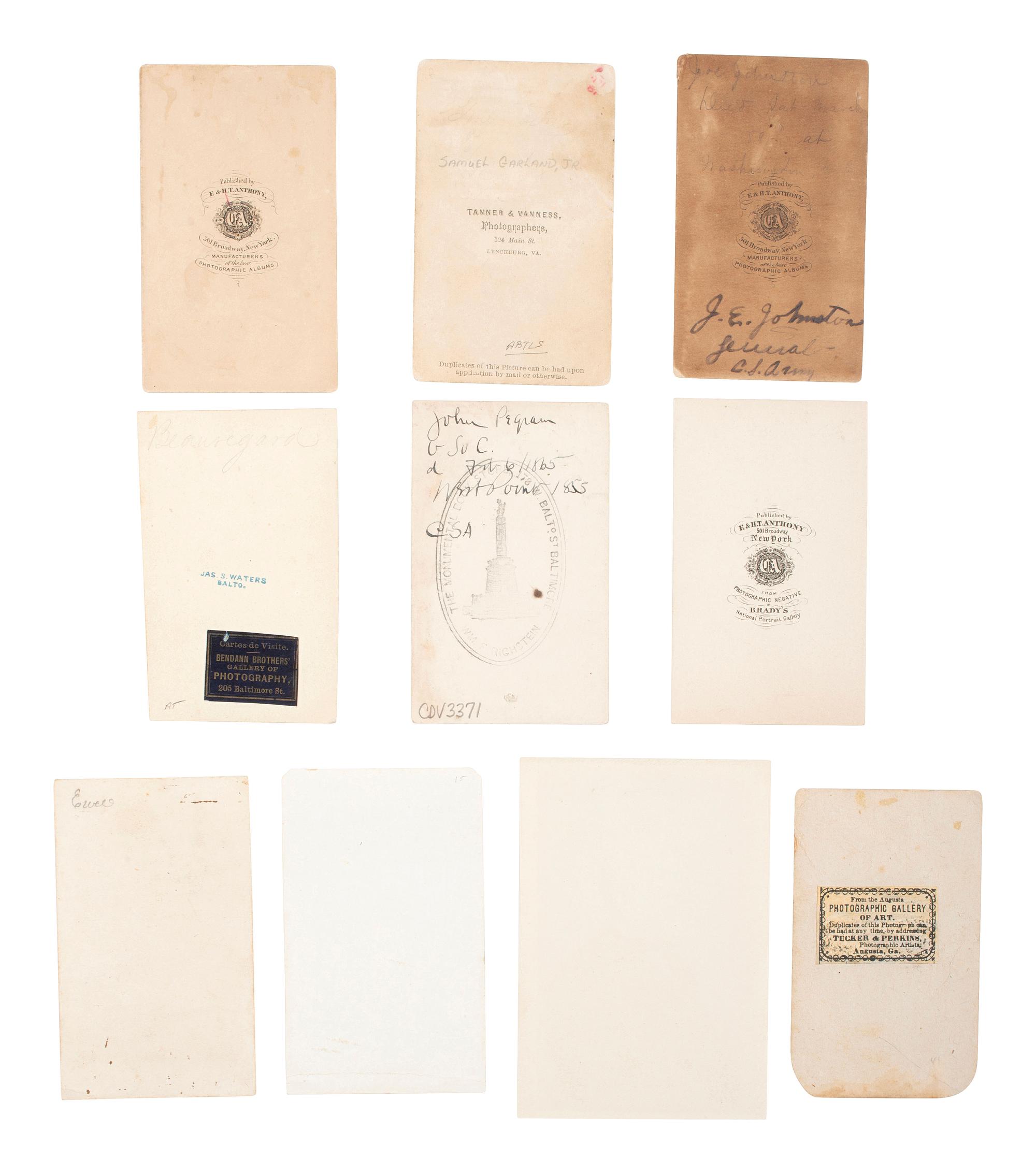 [CIVIL WAR] -- [EASTERN THEATER]. A group of 10 CDVs of Confederate generals and officers, incl. Hill, Johnston, Ewell, Garland, Steuart, and Lee.