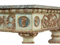 An Italian Neoclassical Green-Painted and Parcel Gilt Marble-Top Console Table