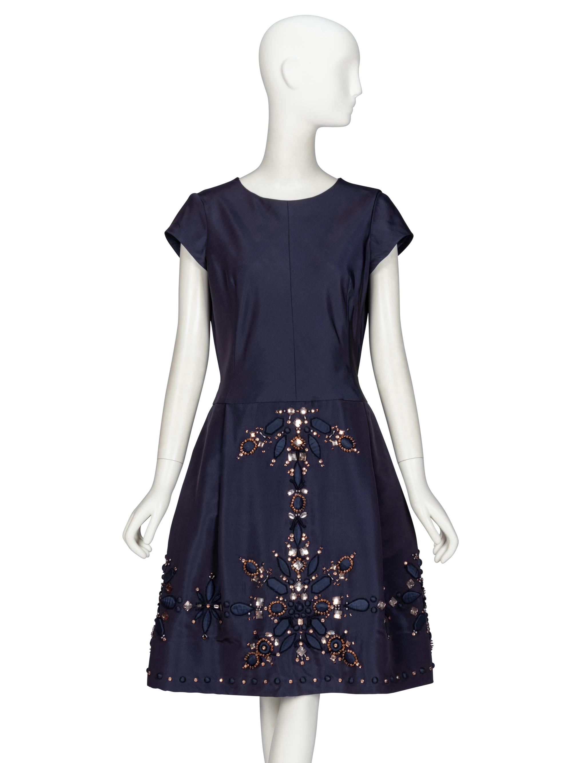 Oscar de la Renta, Embellished Navy Silk Dress
