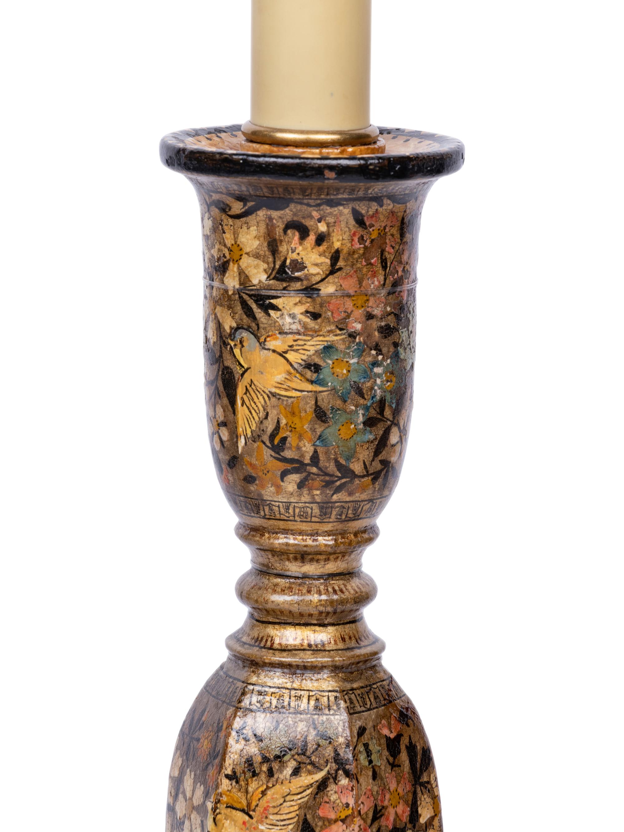 A Pair of Polychrome Lacquered Candlesticks Mounted as Lamps