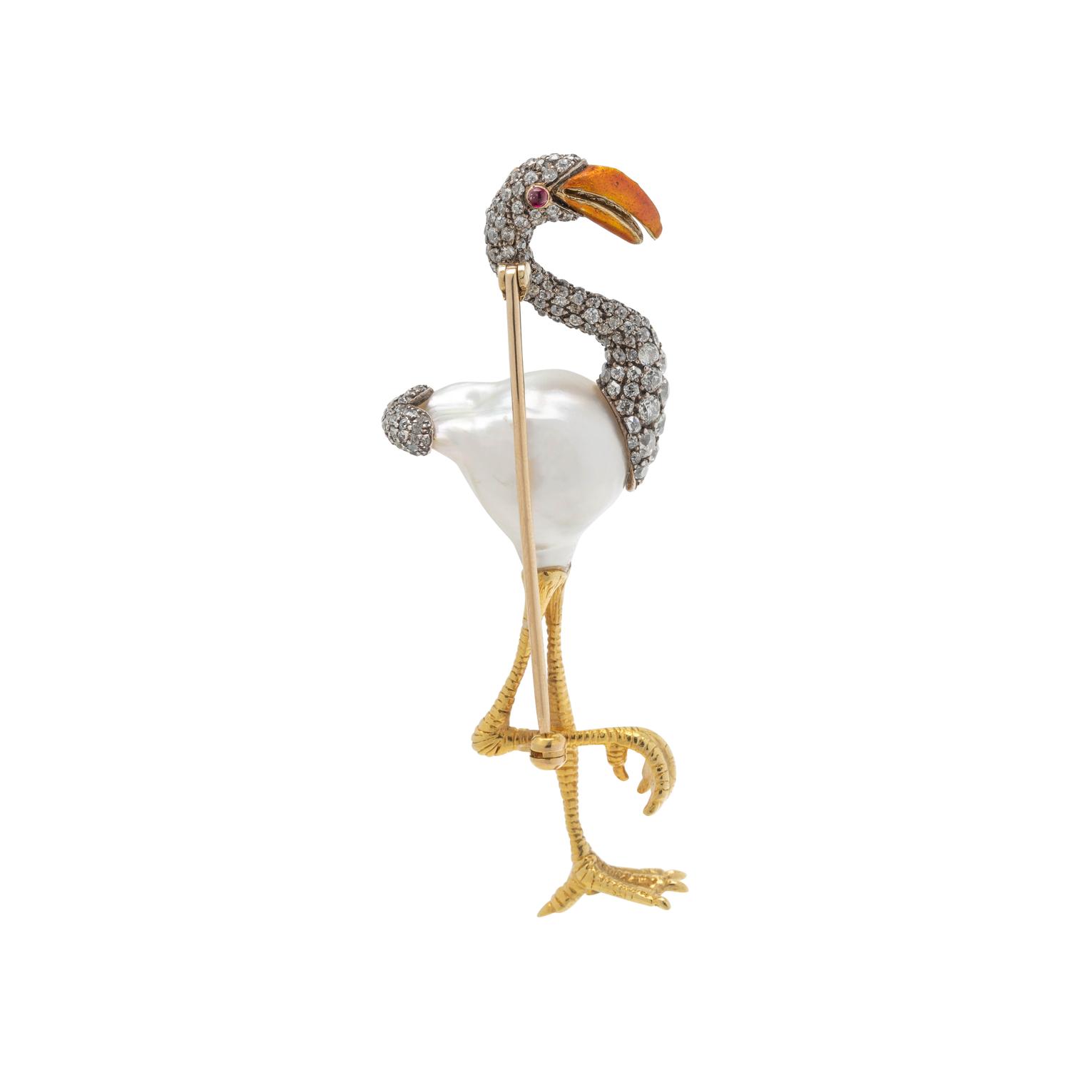 EVELYN CLOTHIER, CULTURED BAROQUE PEARL AND DIAMOND FLAMINGO BROOCH