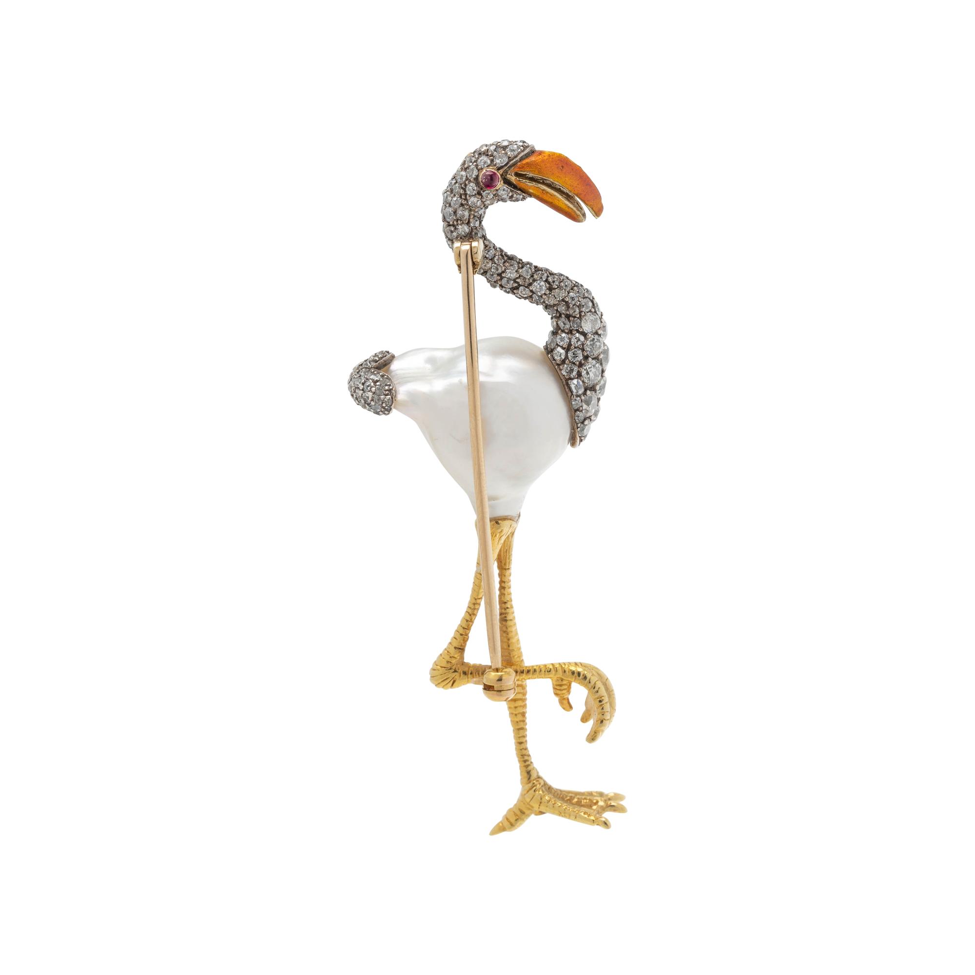 EVELYN CLOTHIER, CULTURED BAROQUE PEARL AND DIAMOND FLAMINGO BROOCH