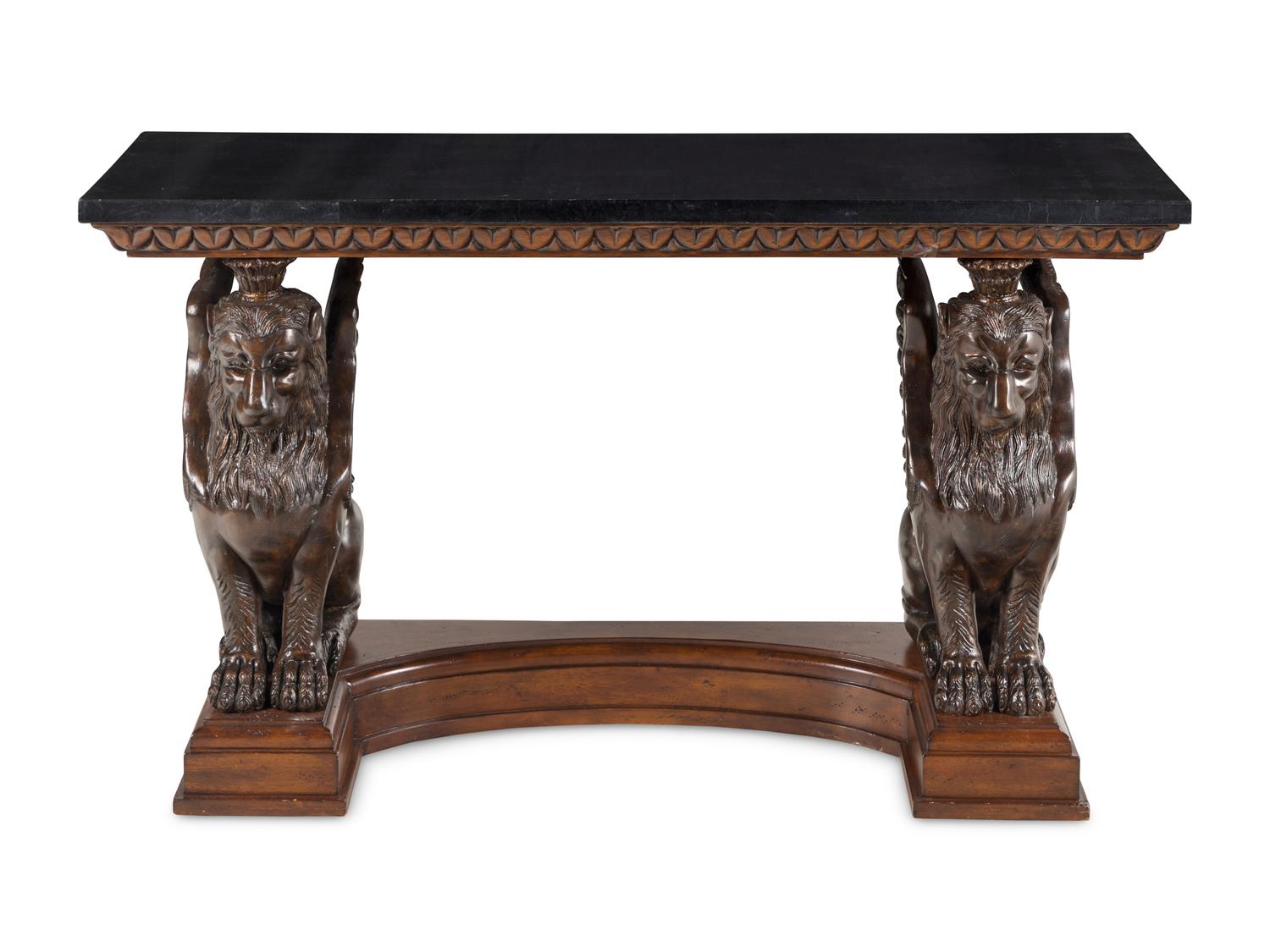 A Cast Composition Console Table with Lion Supports