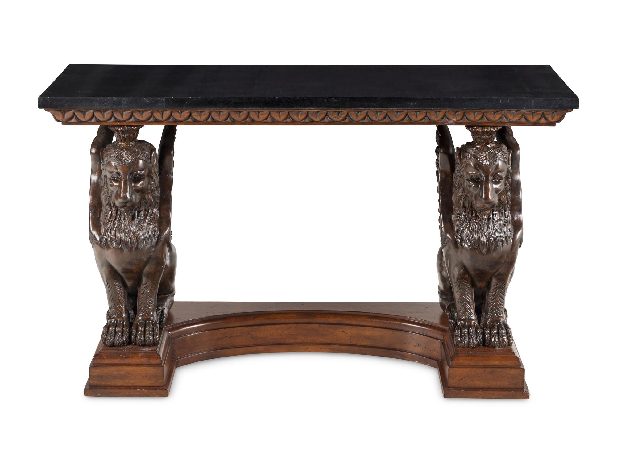 A Cast Composition Console Table with Lion Supports