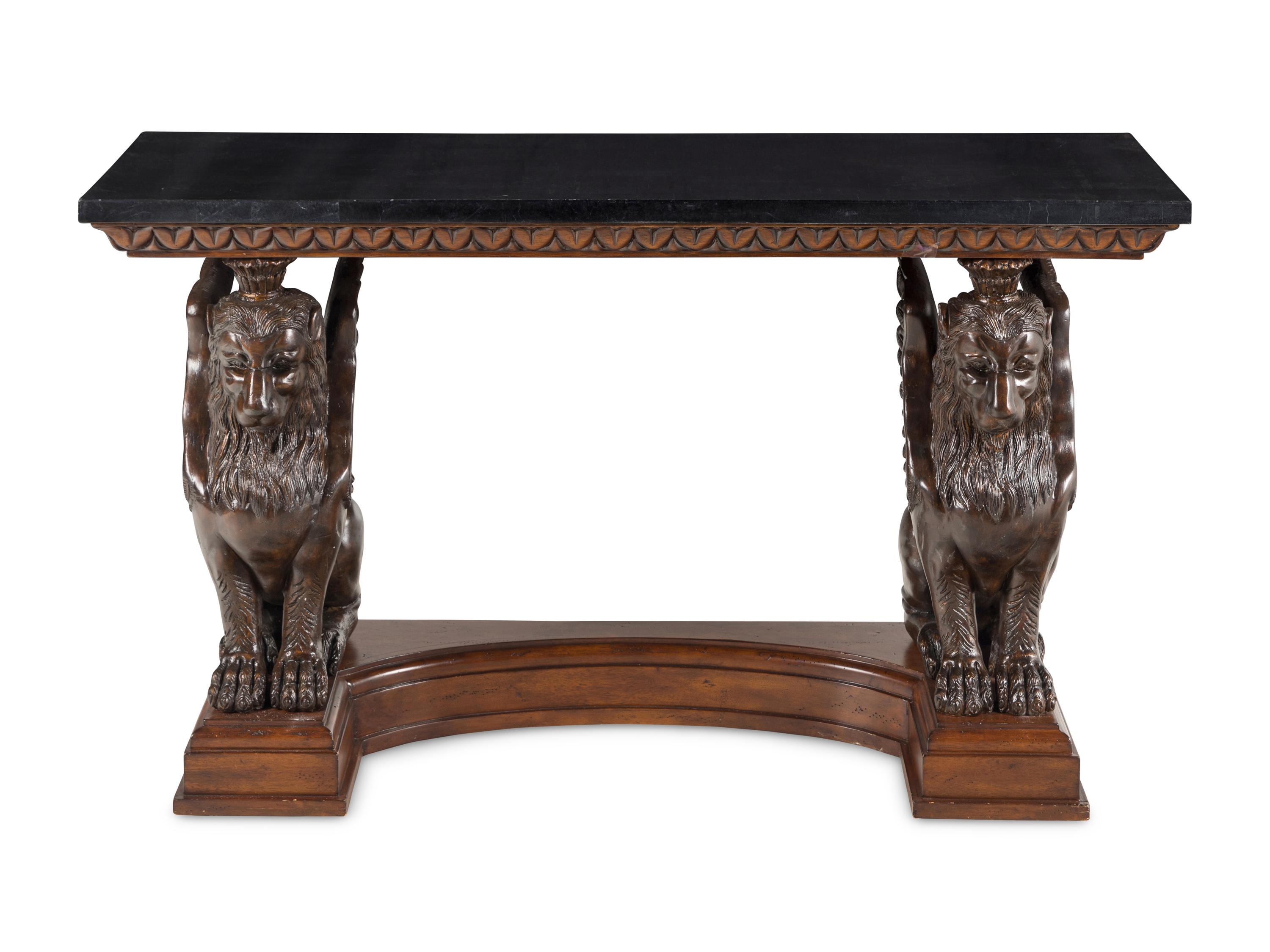 A Cast Composition Console Table with Lion Supports