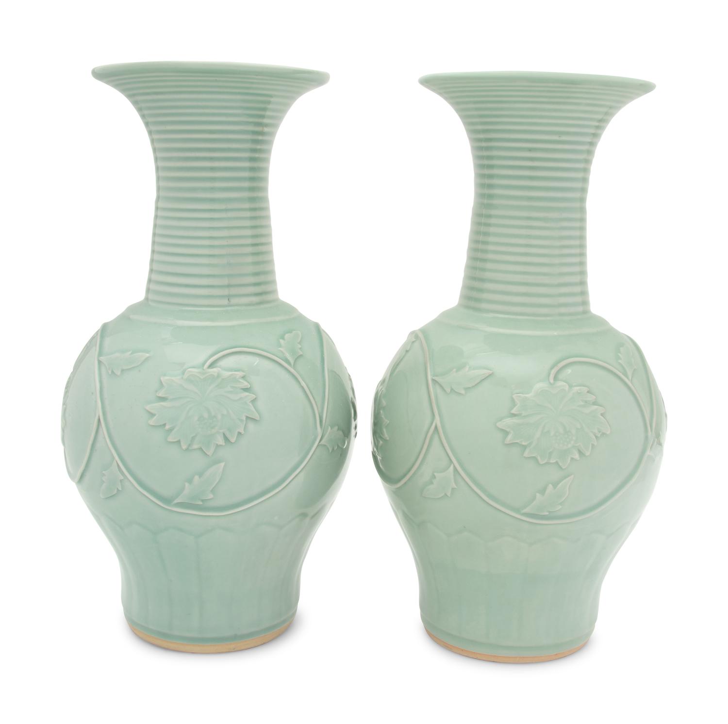 A Pair of Chinese Longquan- Style Celadon Glazed Porcelain Vases