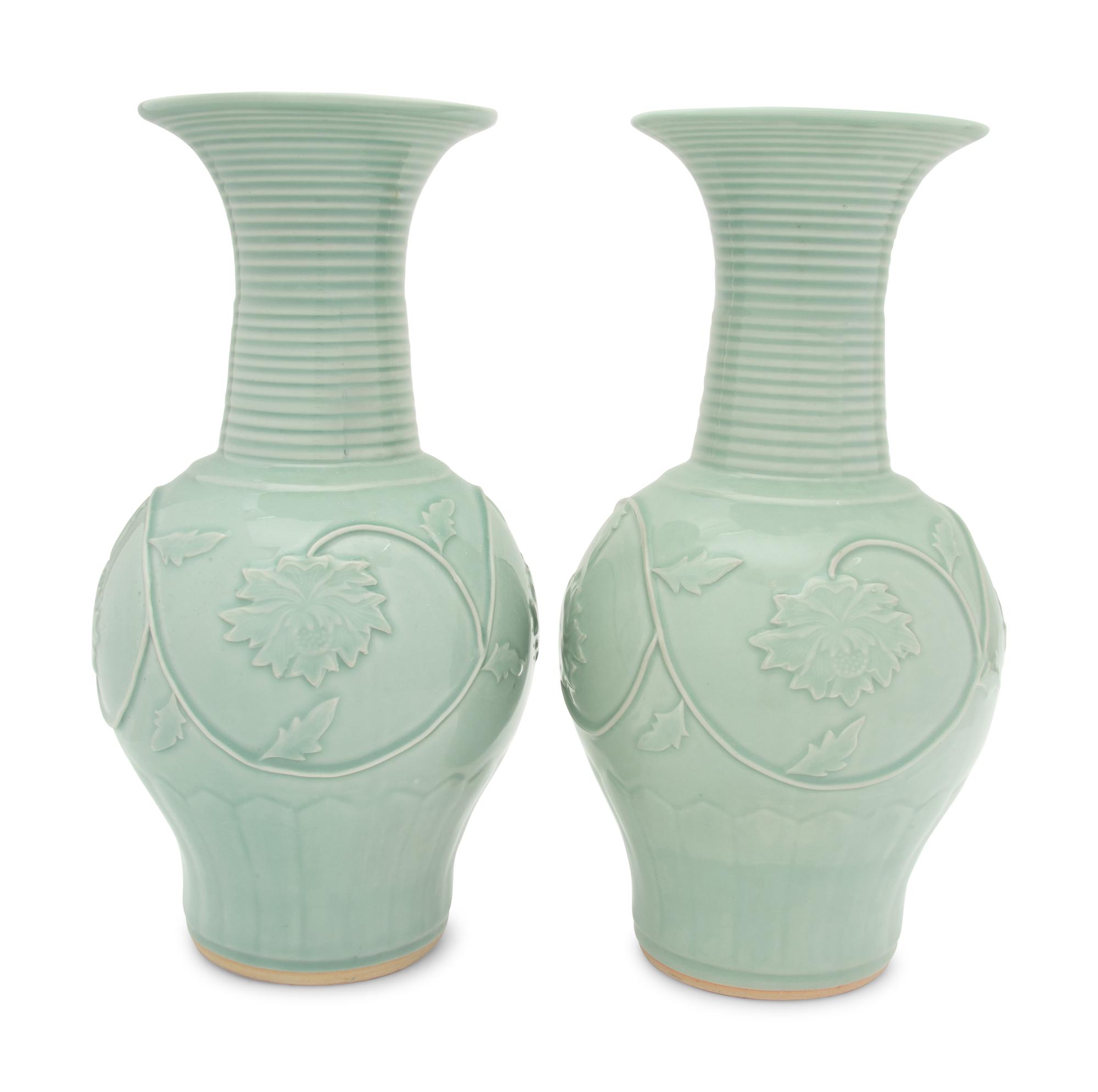 A Pair of Chinese Longquan- Style Celadon Glazed Porcelain Vases