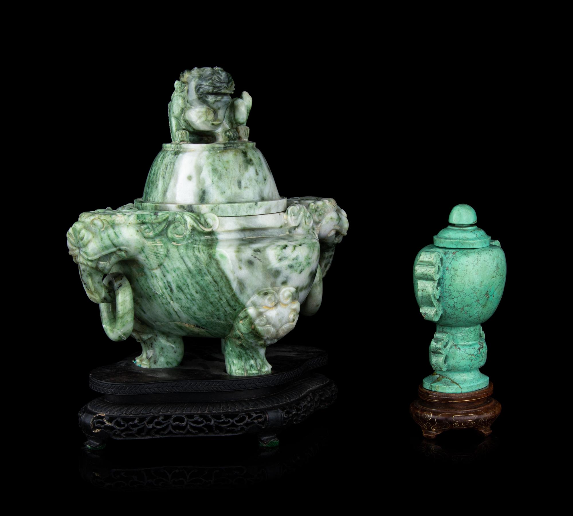 Two Chinese Jadeite and Turquoise Covered Incense Burner