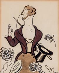 (CARICATURES) IRVIN, REA. Ink and gouache sketch of Eustache Tilley, inscribed on the verso.