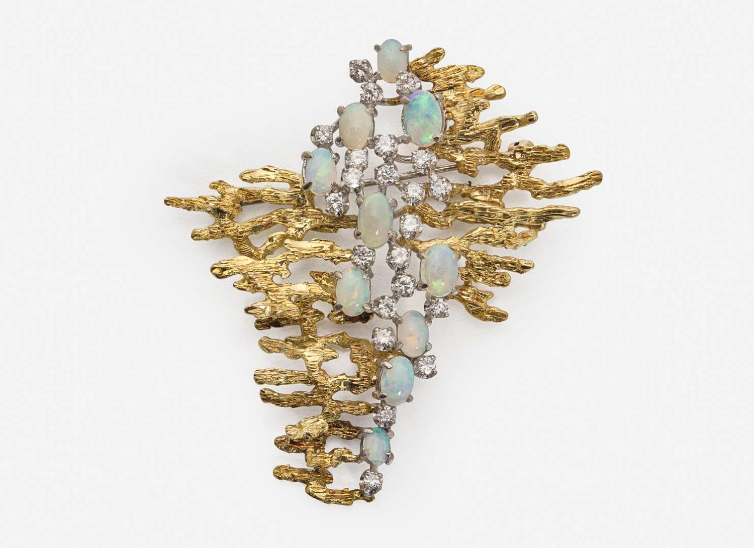 A Brutalist 14K Gold, Opal, and Diamond Brooch
