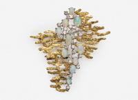A Brutalist 14K Gold, Opal, and Diamond Brooch