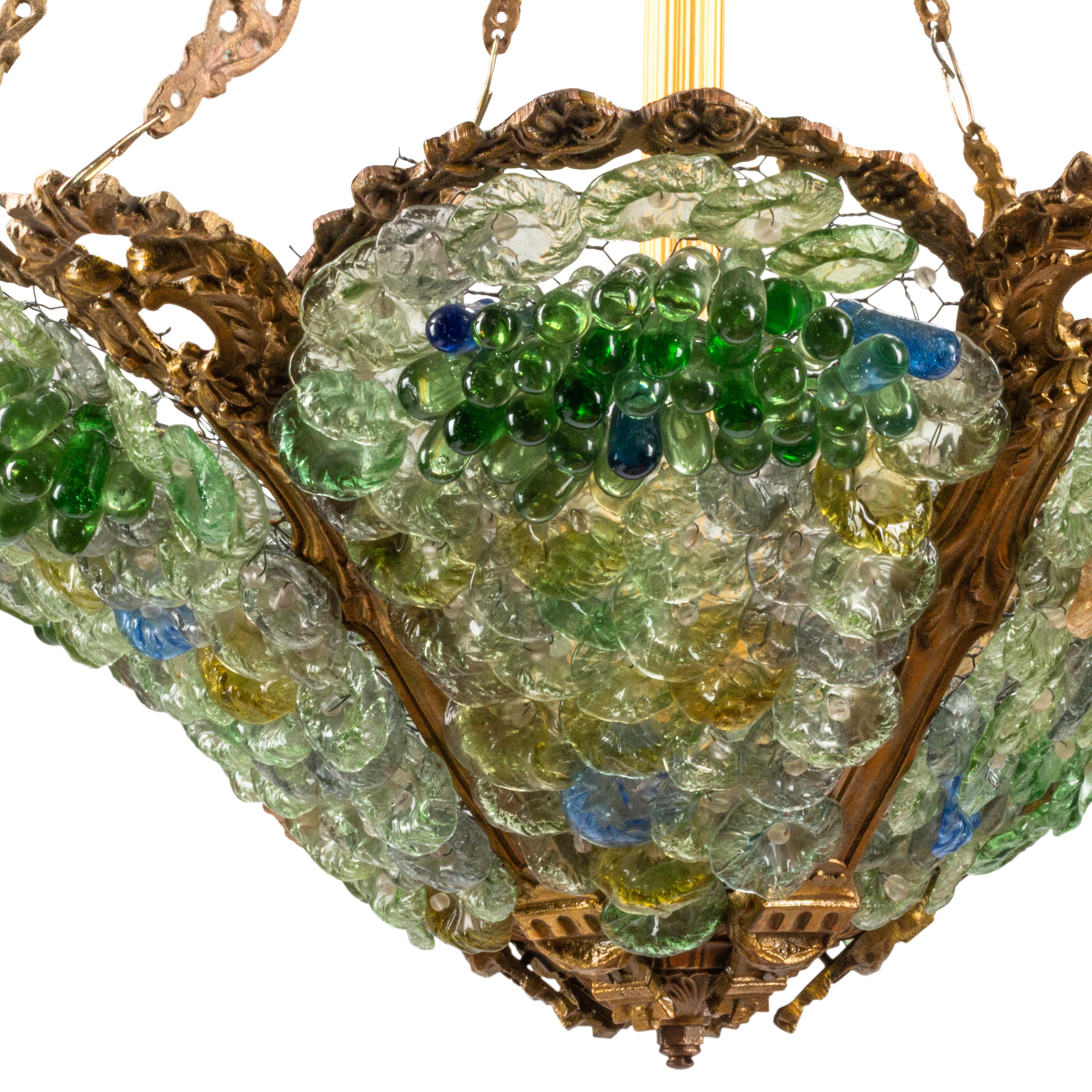 A Pair of Gilt Bronze and Colored Glass Hexagonal Chandeliers