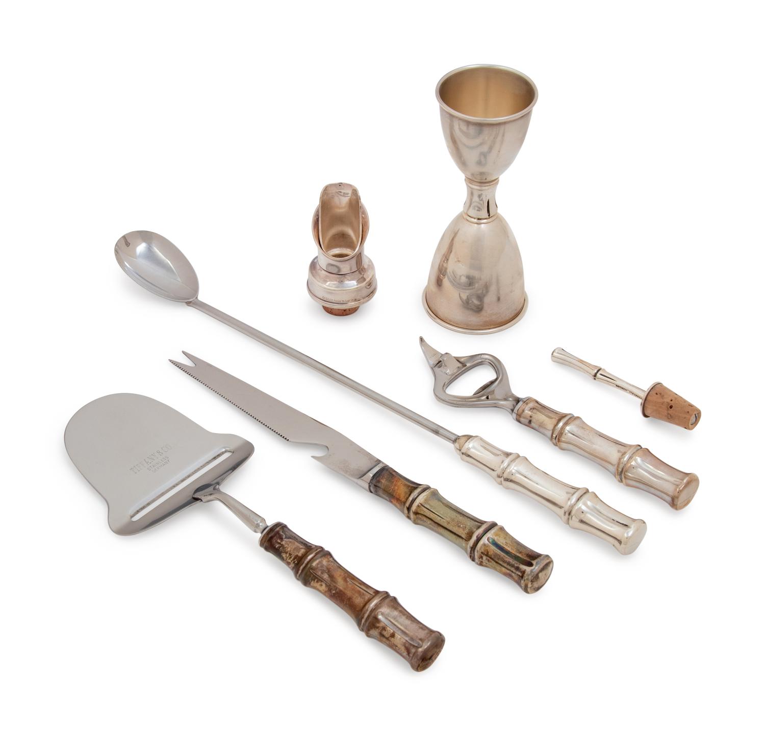 A Group of Seven Tiffany & Co. Silver Bamboo Pattern Bar Articles