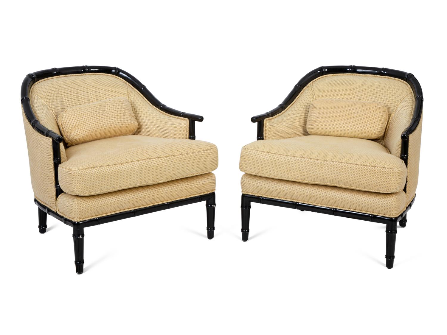 A Pair of Bamboo-Carved Black Lacquered Club Chairs — 20TH CENTURY