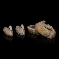 Three Chinese Painted Grey Pottery Figures of Ducks, Han Dynasty — 漢 灰陶彩繪大陶鴨三隻