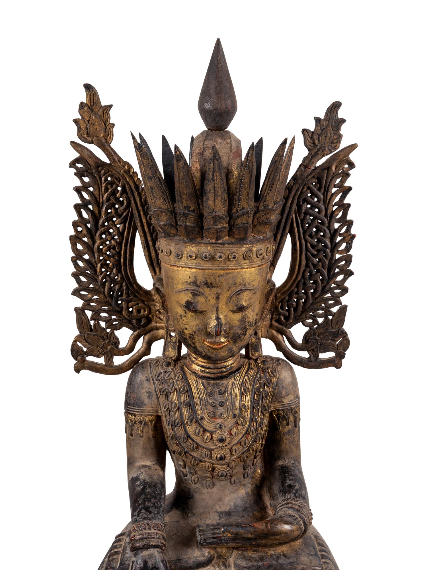 A Burmese Carved Wood Seated Buddha