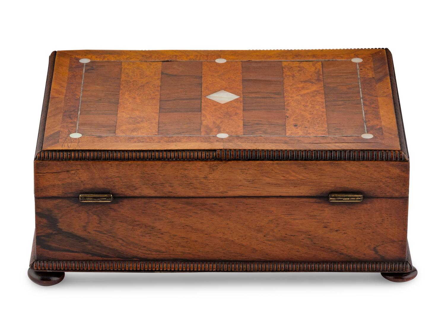 An English Rosewood, Burr Yew and Mother of Pearl Sewing Box