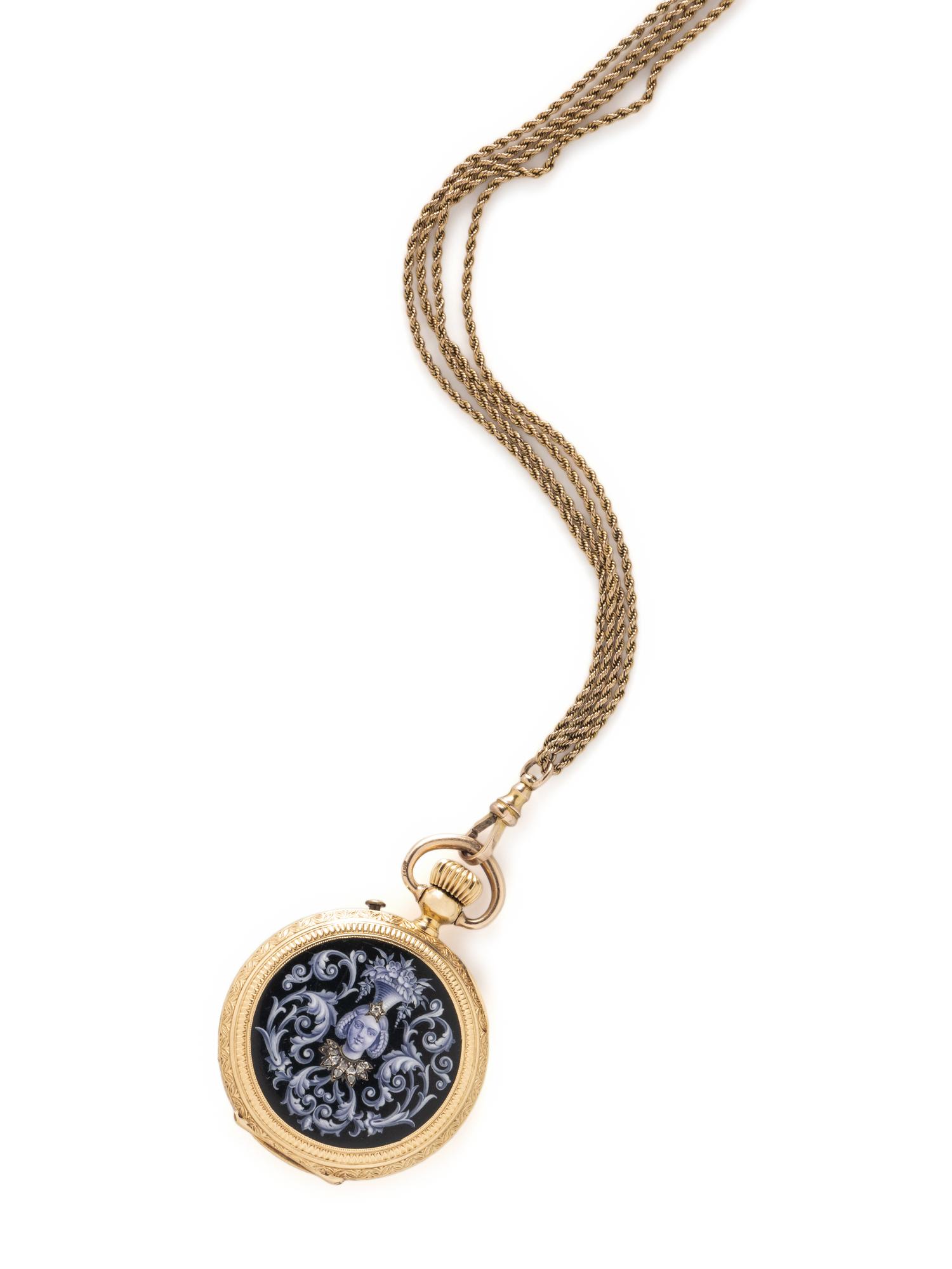 DAVID J. MAGNIN, 18K YELLOW GOLD, ENAMEL, AND DIAMOND POCKET WATCH