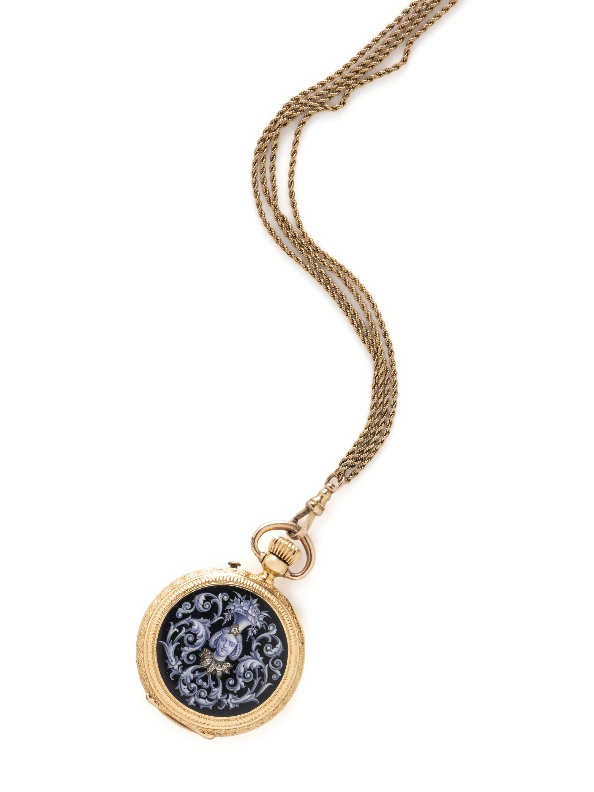 DAVID J. MAGNIN, 18K YELLOW GOLD, ENAMEL, AND DIAMOND POCKET WATCH