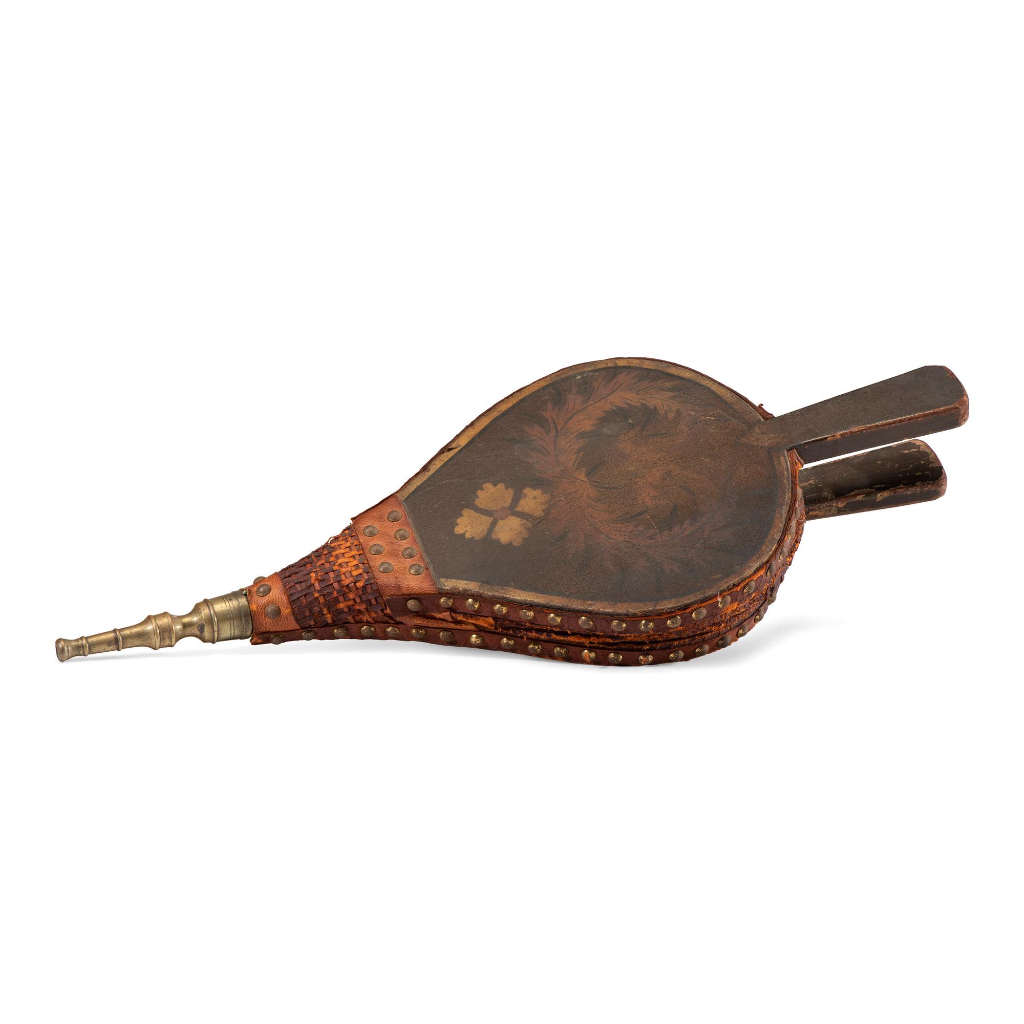 A Stencil and Paint Decorated Leather and Wood Bellows